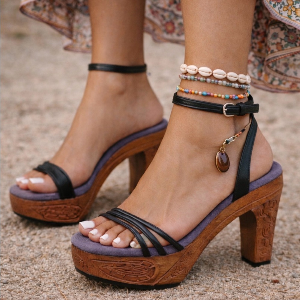 Luichiny Size 37 Vintage Inspired Carved Wood Ankle Strap Platform Sandals